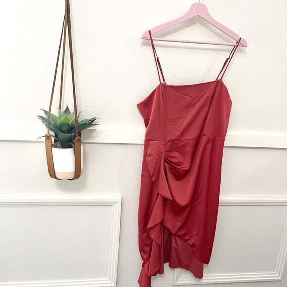 Lulus Like What You See Rose Satin Asymmetrical Ruffled Midi Dress Size XL - Picture 2 of 6